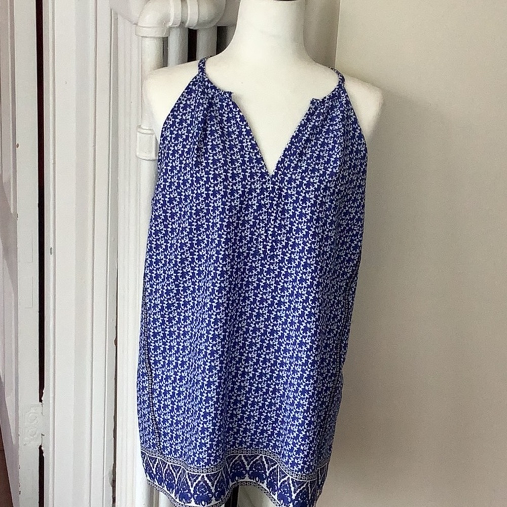 Blue Geometric Sleeveless Camisole with Fringe